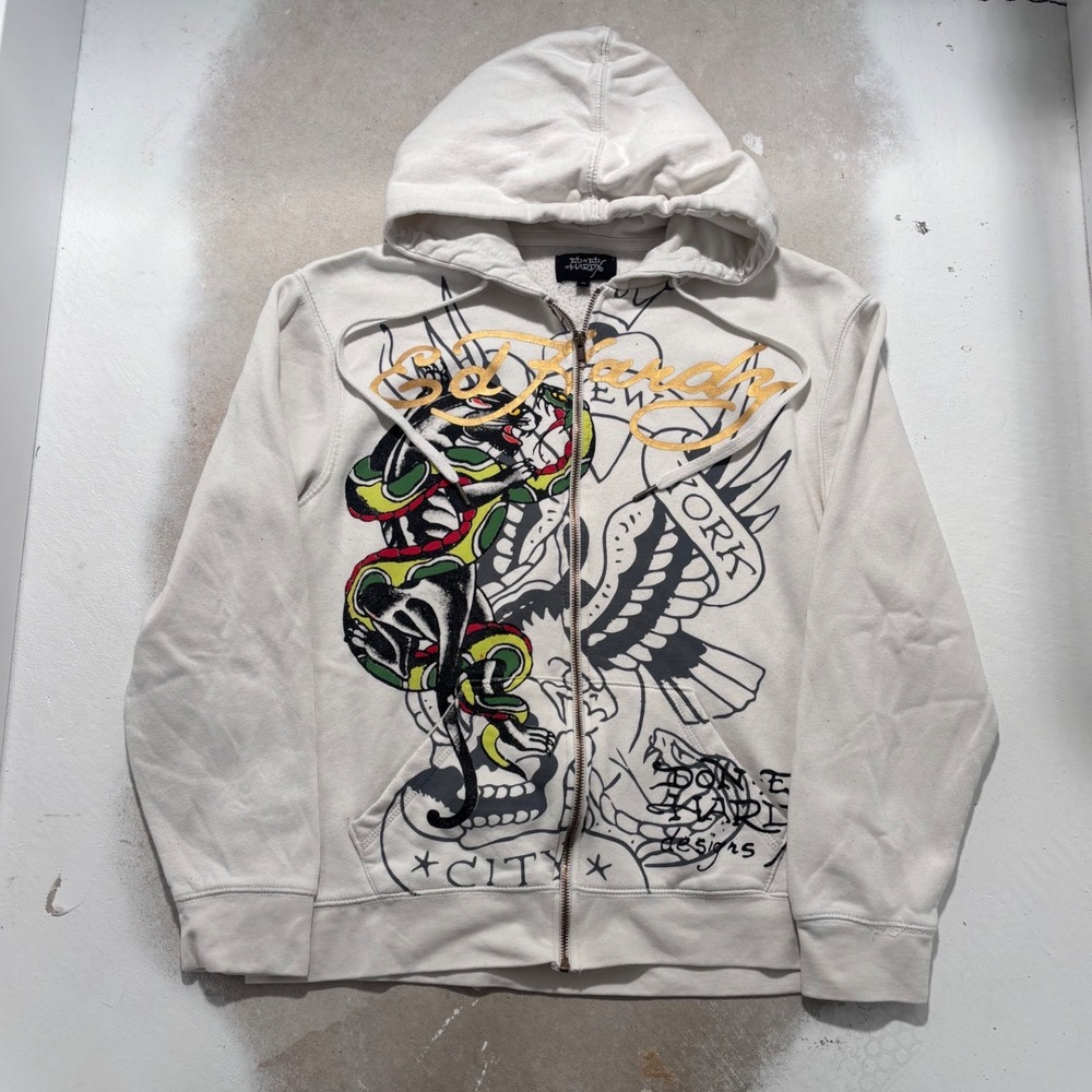 Ed Hardy Panther Snake Eagle Tattoo Zip Up Hoodie Cream Gold Foil Mens Medium